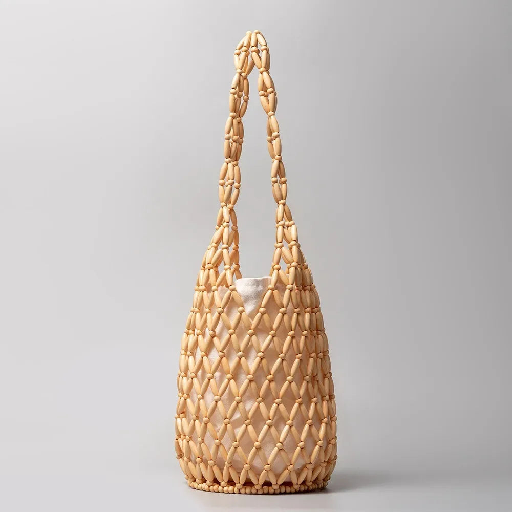 Hollow-Out Wooden Bead Woven Bucket Tote Bag – Summer Beach Shoulder Handbag for Women