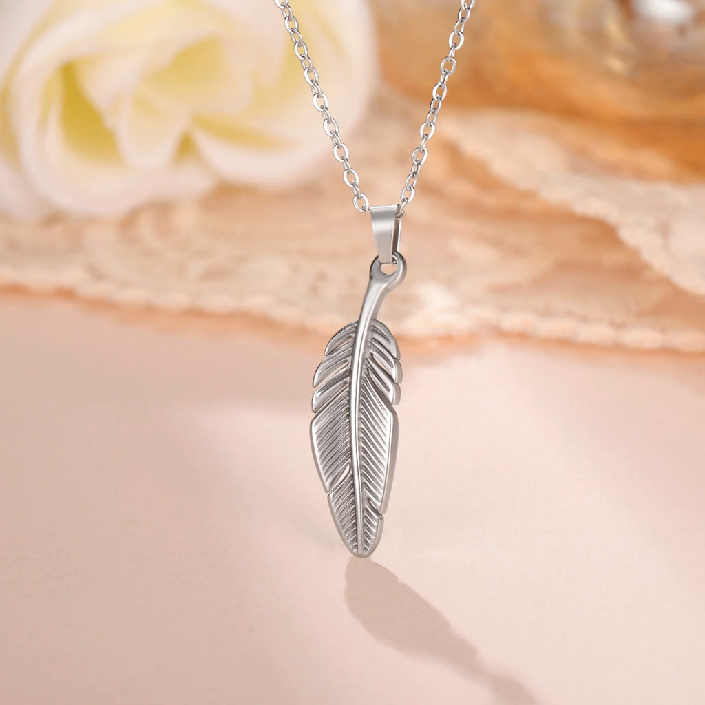 FBA Stainless Steel Feather Leaf Pendant Necklace | Women's Gold Jewelry