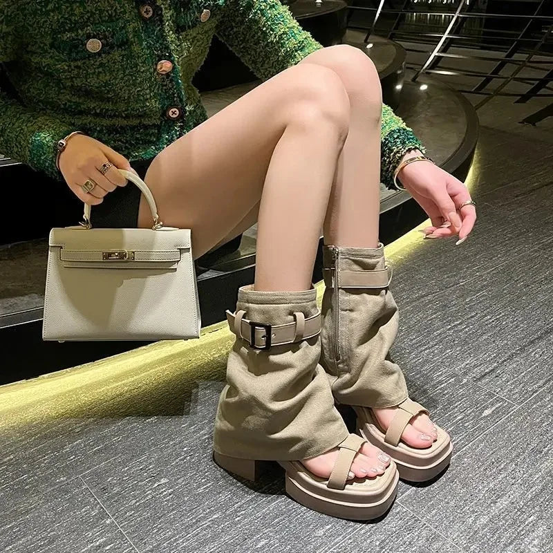 Women's Open Toe Denim Ankle Boot — Square Heel, Buckle Strap