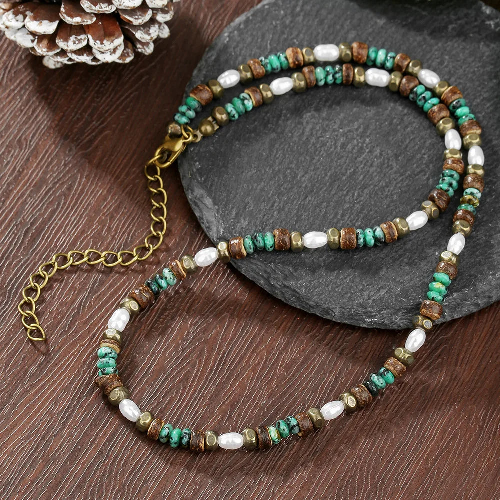 FBA Men's Ethnic Pearl Turquoise Beaded Necklace | Summer Jewelry