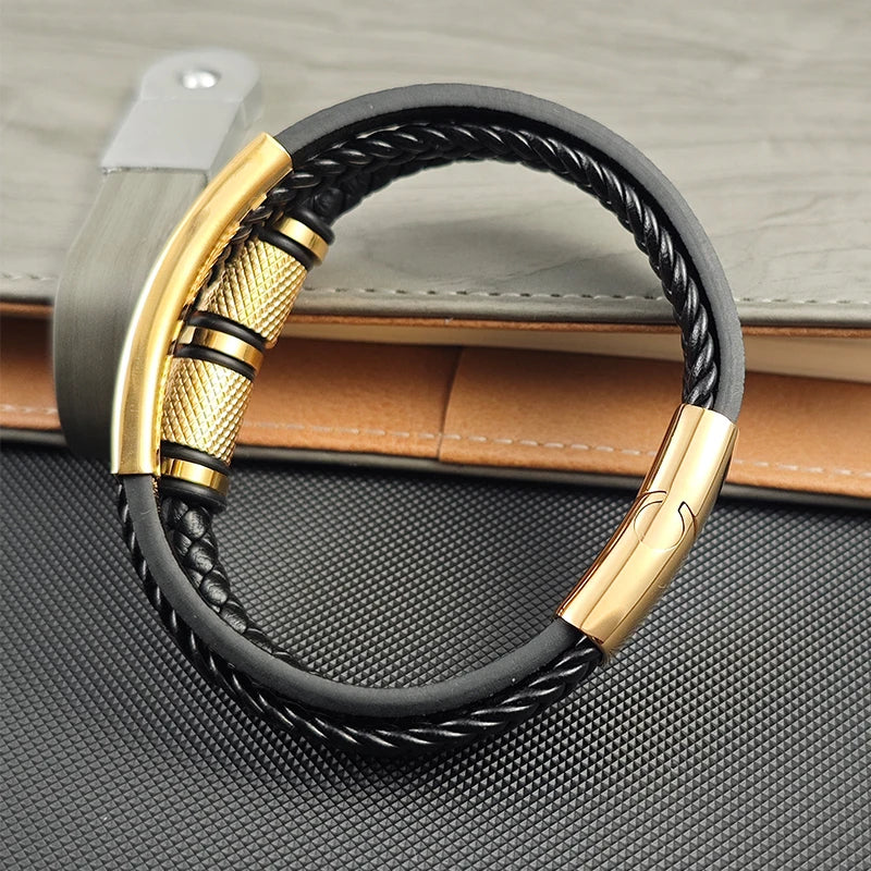 FBA Gold Beads Magnetic Leather Wrapped Bracelet | Men's Charm Jewelry