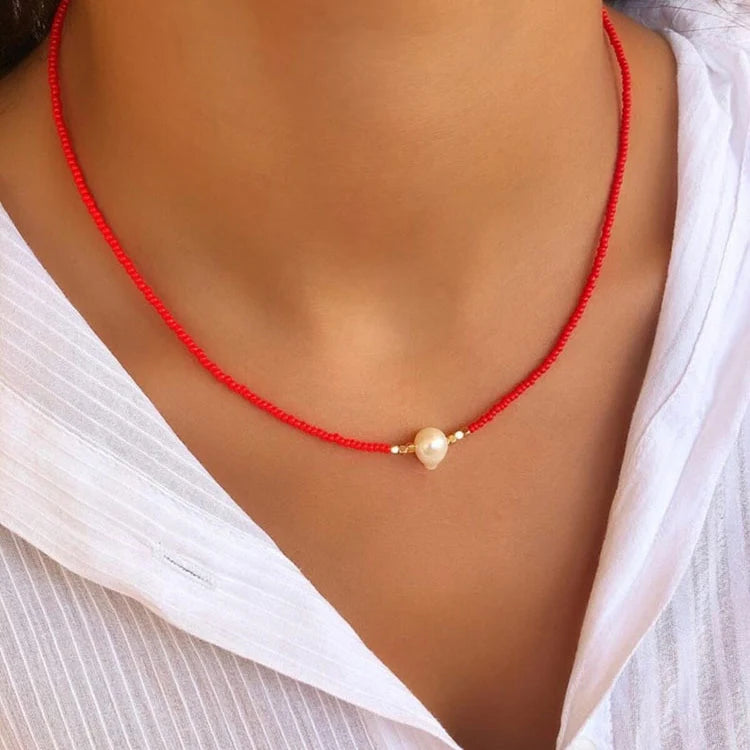 FBA Bohemian Gold Beads Pearl Pendant Necklace | Beach Vacation Jewelry