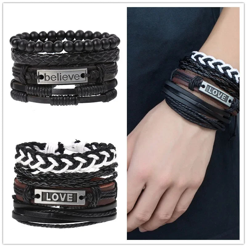 FBA 4-Piece Braided Leather Ethnic Wristband Set | Hope Believe Bracelet