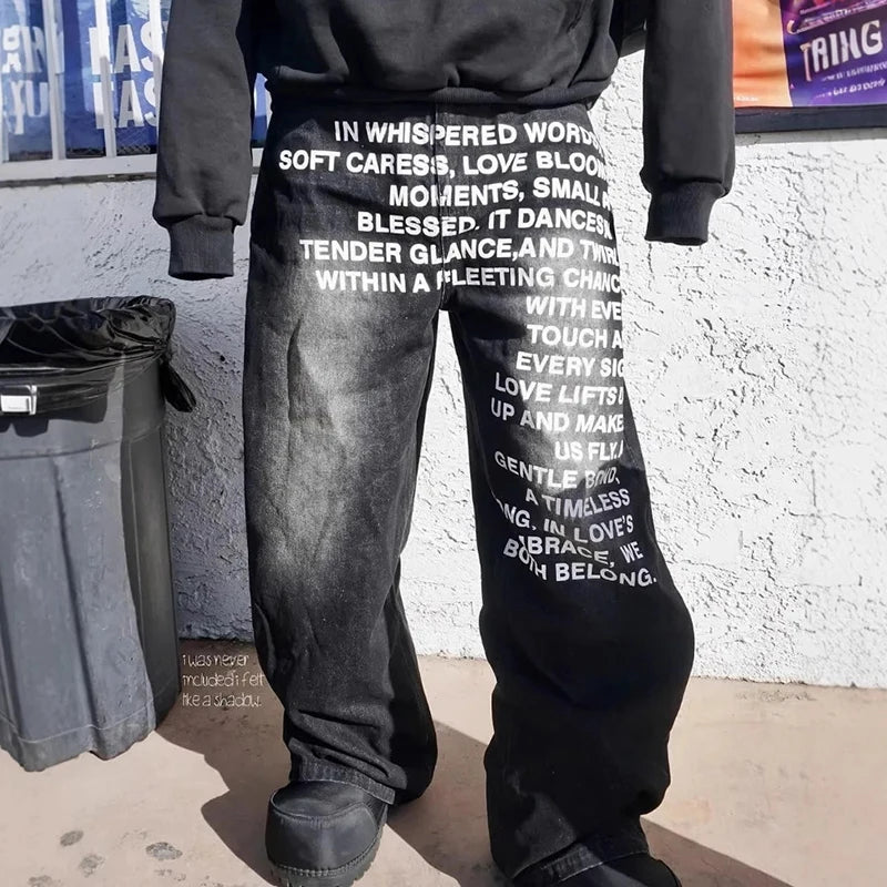 Men's Retro Hip Hop Letter Print Wide-Leg Jeans – Baggy Streetwear Loose Denim Pants | Blue & Black | S–XXL | FBA Vibes