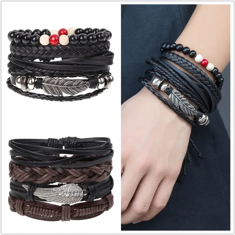 FBA 4-Piece Braided Leather Ethnic Wristband Set | Hope Believe Bracelet
