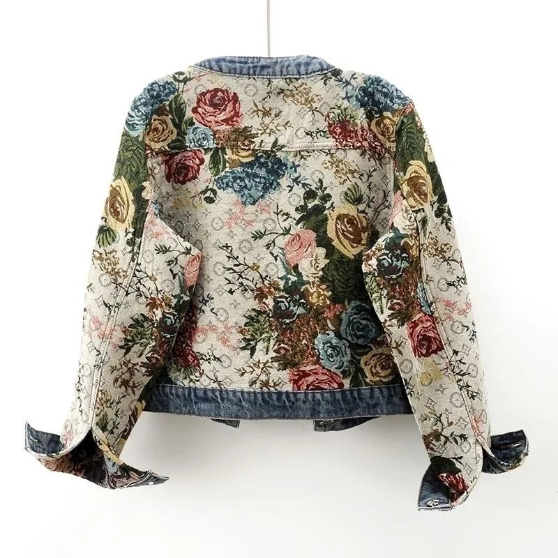 Women's Chinese Retro Jacquard Denim Jacket – Short Round Neck Temperament Coat | S–XXL | FBA Vibes