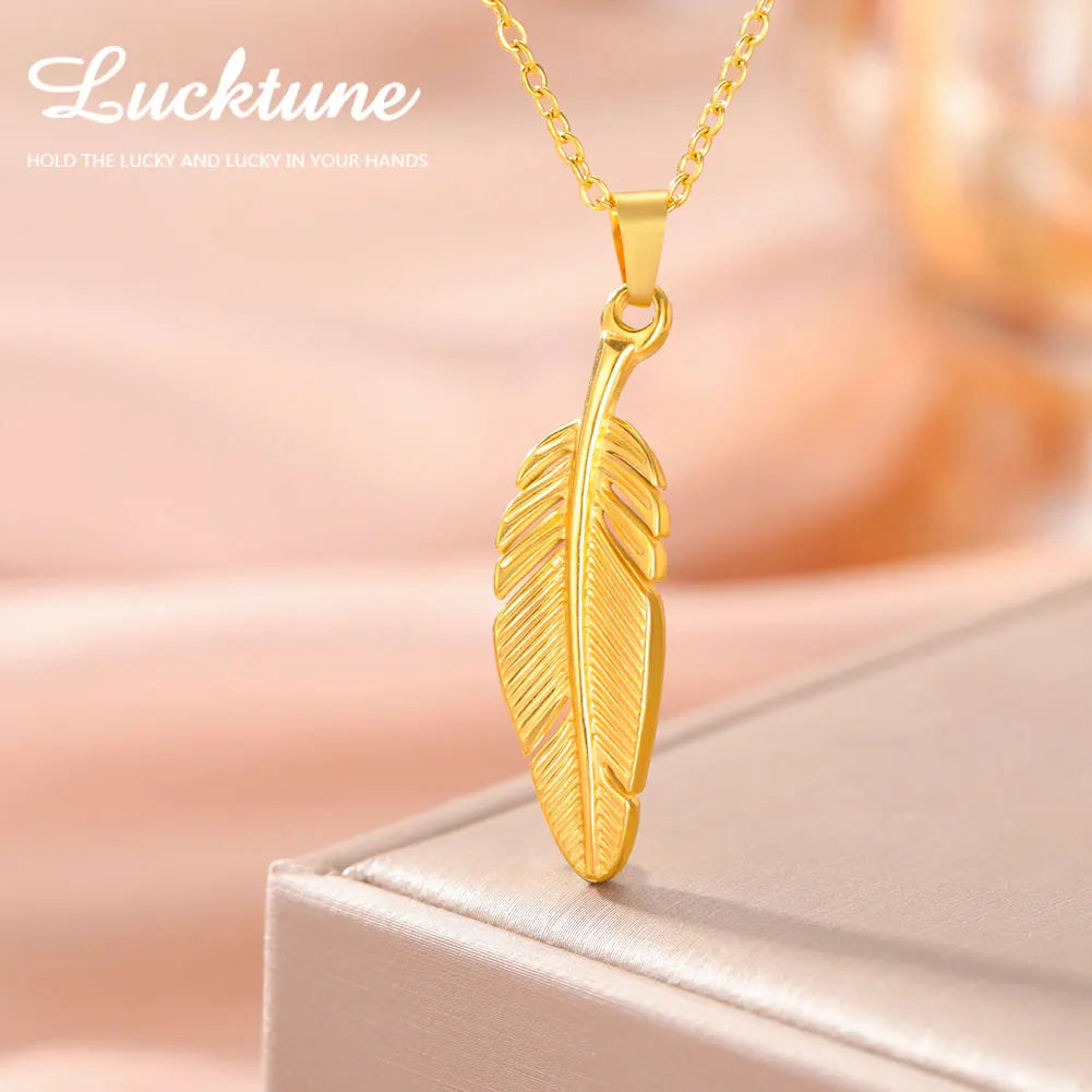 FBA Stainless Steel Feather Leaf Pendant Necklace | Women's Gold Jewelry