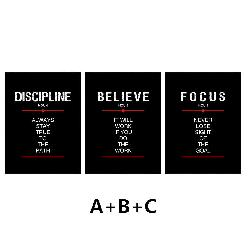 Black Inspirational Quote Canvas Print | Discipline Believe Focus Motivational Wall Art for Home Decor