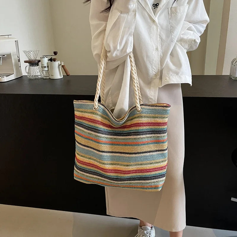 Ethnic Style Grass Woven Tote Bag for Women – Large Capacity Summer Beach Shopping Shoulder Bag