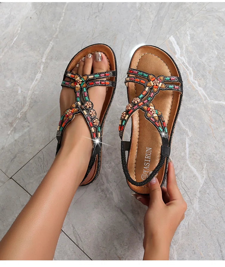 FBA Women's Rhinestone Bohemian Hollow Flat Sandals | Summer Casual Shoes