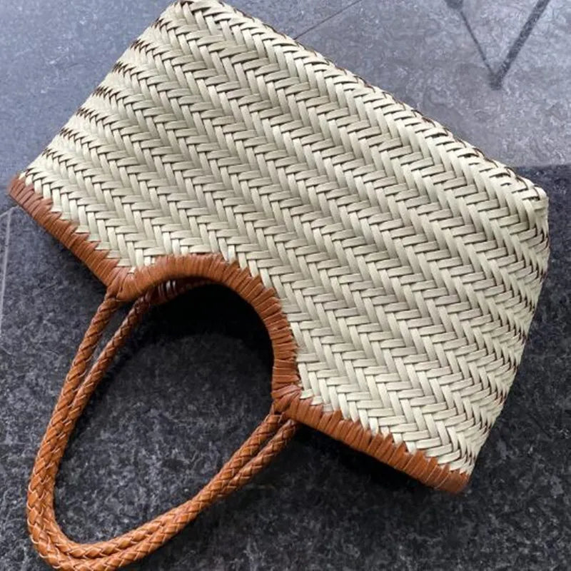 Genuine Leather Woven Basket Tote Bag for Women – Luxury Vintage Cowhide Shoulder Bag