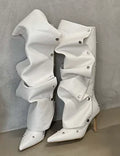 Women's Denim Knee-High Boot — Pointed Toe, Thin Heel, Metal Button