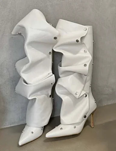 Women's Denim Knee-High Boot — Pointed Toe, Thin Heel, Metal Button