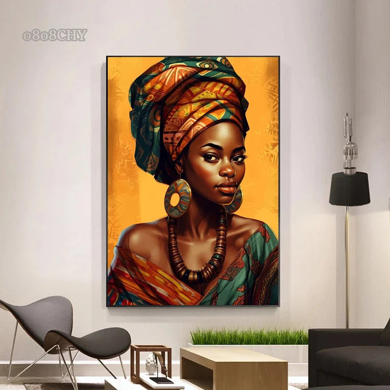 African Woman Abstract Art Canvas Print | Africa Girl Portrait Poster for Living Room Wall Decor
