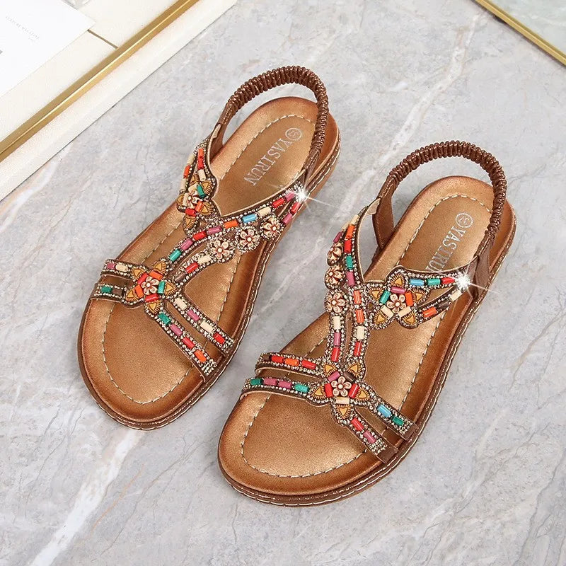 FBA Women's Rhinestone Bohemian Hollow Flat Sandals | Summer Casual Shoes