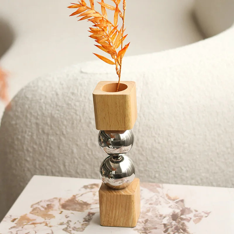 Nordic Geometric Wood & Metal Flower Vase | Luxury Artistic Home Decor