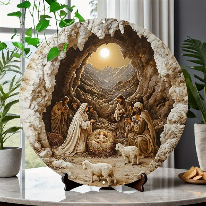 Nativity Scene Christmas Round Aluminum Wall Art | Holiday Metal Sign for Living Room, Bedroom & Bathroom Decor