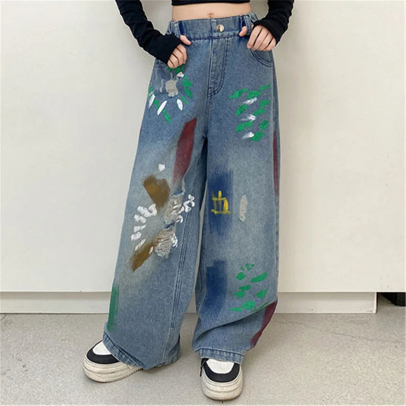 Kids' Hip Hop Graffiti Washed Blue Jeans – Girls & Boys Casual Straight Leg Denim Pants | Blue | Ages 5–14 | FBA Vibes