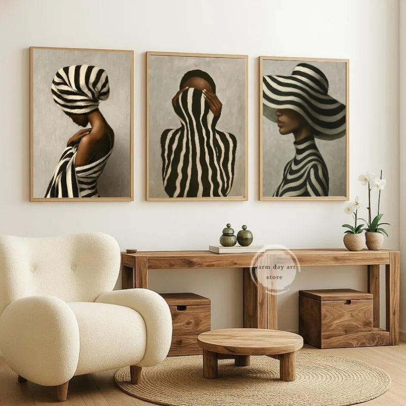 Abstract African Woman Black & White Stripes Canvas Print | Neutral Wall Art