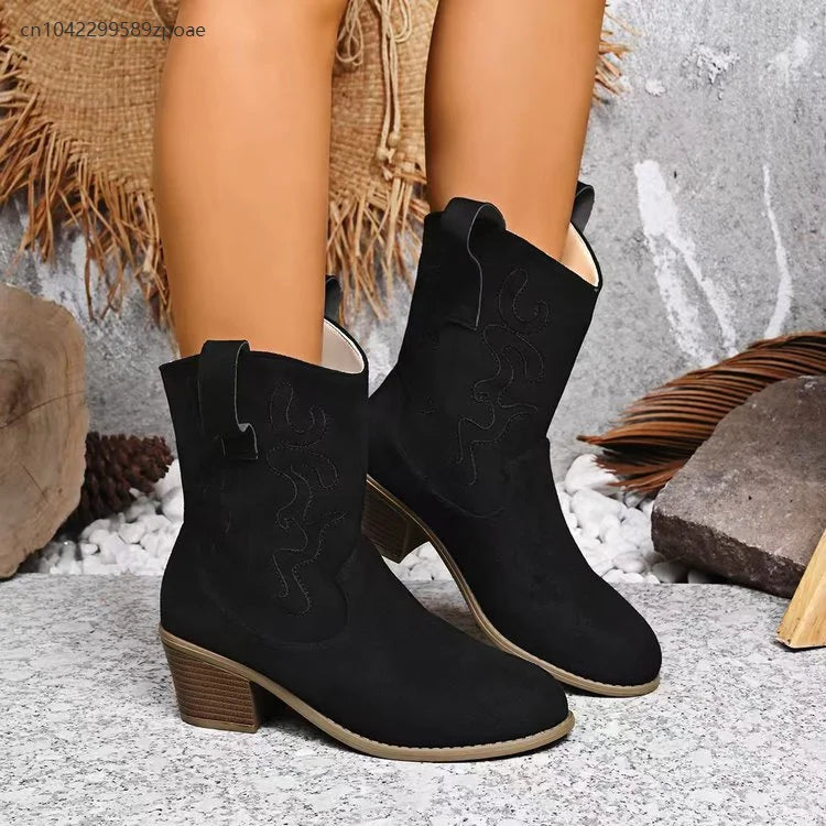 Women's Embroidered Western Cowboy Boot — Pointed Toe, Thick Heel, Knee-High