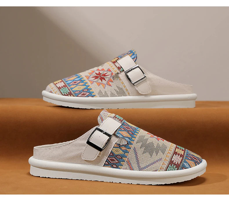 FBA Women's Ethnic Embroidered Linen Slippers | Handmade Comfort Sandals