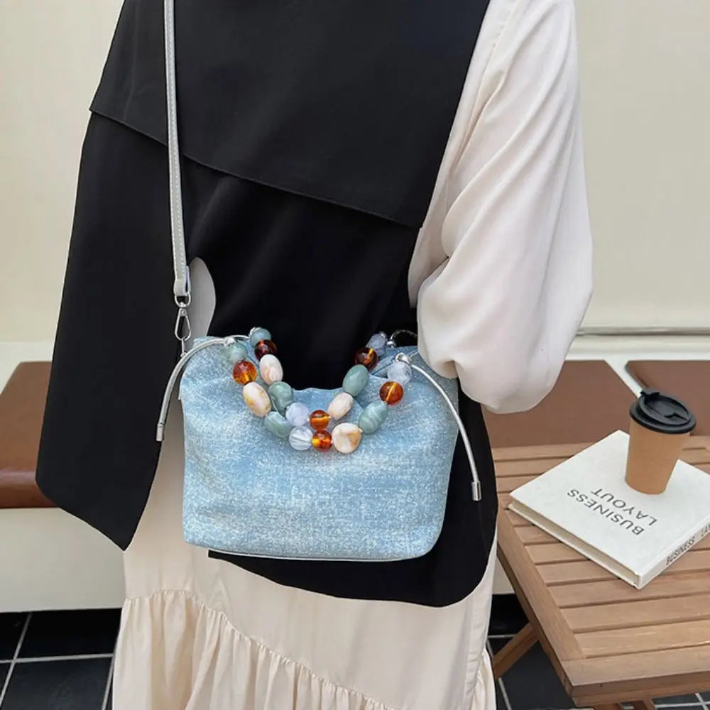 Beading Handle PU Shoulder Bag – Letter Print Korean Style Crossbody Tote