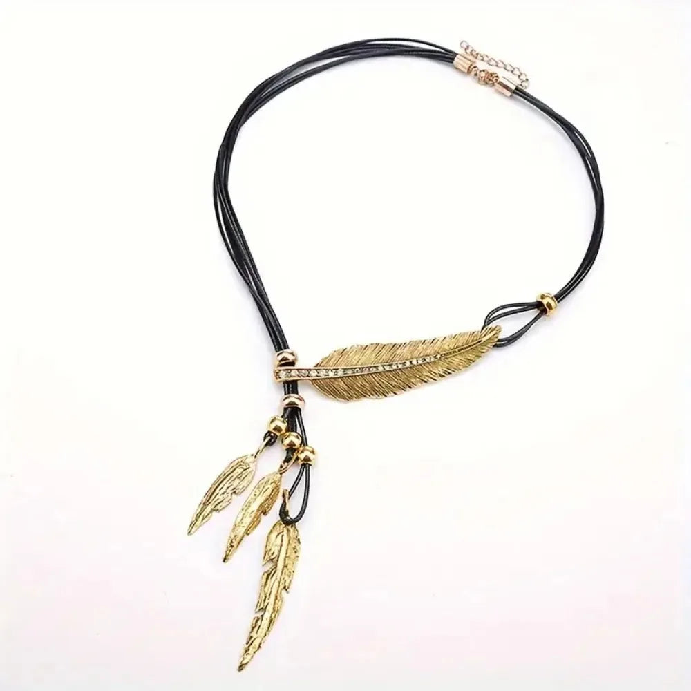 FBA Feather Rhinestone Tassel Necklace | Silver Leather Rope Jewelry