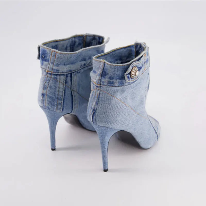 Women's Denim Peep Toe Ankle Boot — Square Toe, Ultra-High Heel, Button Detail