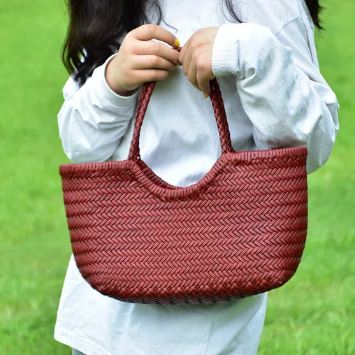 Genuine Leather Woven Basket Tote Bag for Women – Luxury Vintage Cowhide Shoulder Bag