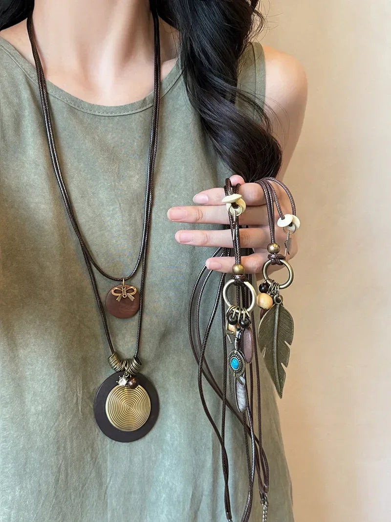 FBA Star Feather Leather Pendant Necklace | Retro Art Jewelry