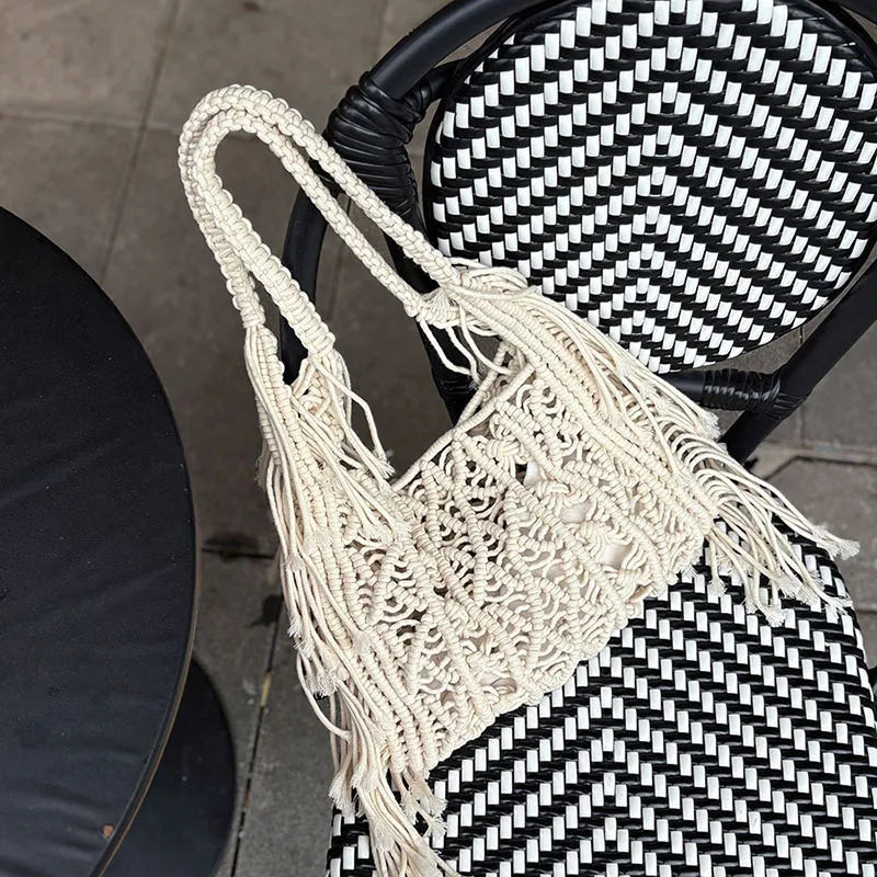 Bohemian Handmade Woven Hollow Tote Beach Bag – Linen Shoulder & Travel Bag for Women