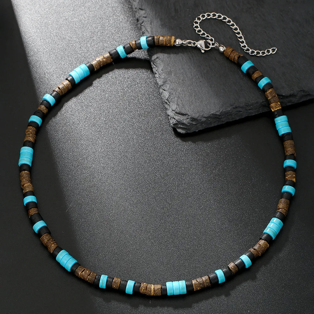 FBA Boho Coconut Shell Turquoise Bead Necklace | Men's Fashion Jewelry