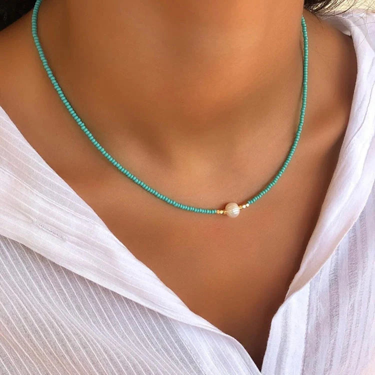 FBA Bohemian Gold Beads Pearl Pendant Necklace | Beach Vacation Jewelry