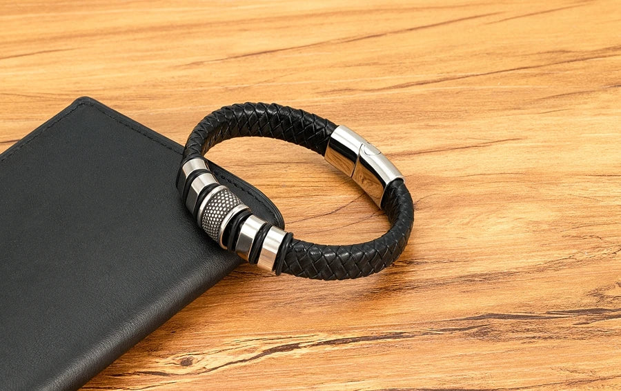 FBA Men's Stainless Steel Beaded Leather Rope Bracelet | Charm Jewelry Gift