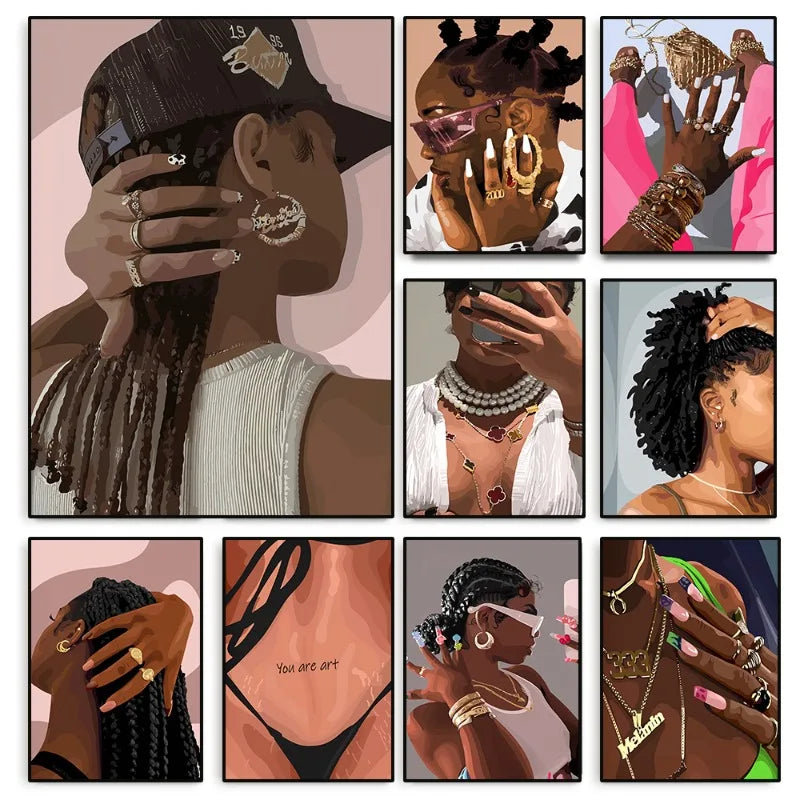 Hip Hop Black Girl Gold Jewelry Canvas Print | Afro Wall Art | FBA Vibes