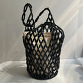 Hollow-Out Wooden Bead Woven Bucket Tote with Canvas Inner Bag – Boho Summer Beach Shoulder Handbag
