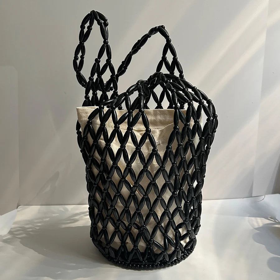 Hollow-Out Wooden Bead Woven Bucket Tote with Canvas Inner Bag – Boho Summer Beach Shoulder Handbag