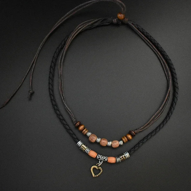 FBA Vintage Boho Leather Heart Necklace | Unisex Long Jewelry