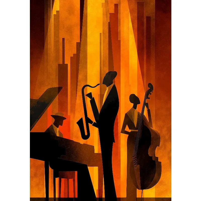 Retro Jazz Band African Musician Canvas Print – Art Deco Wall Art for Home Bar & Living Room