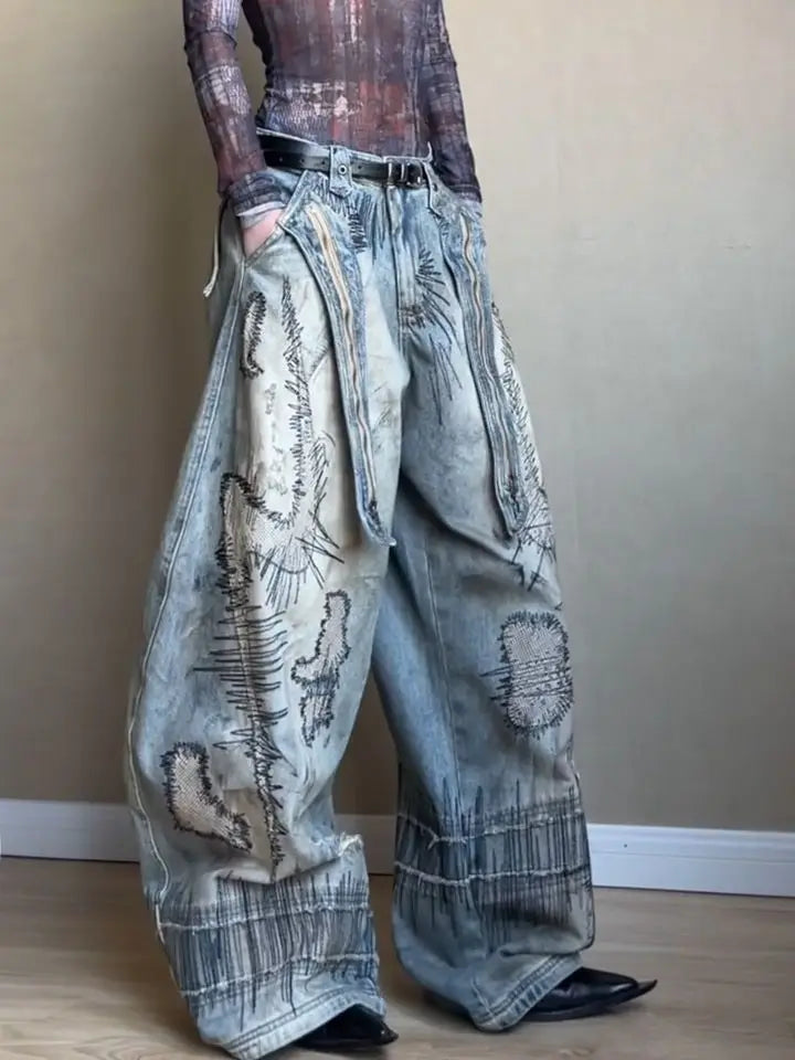 Women's American Retro Distressed Wide-Leg Jeans – High Street Loose Printed Denim Pants | Blue | S–XXXL | FBA Vibes
