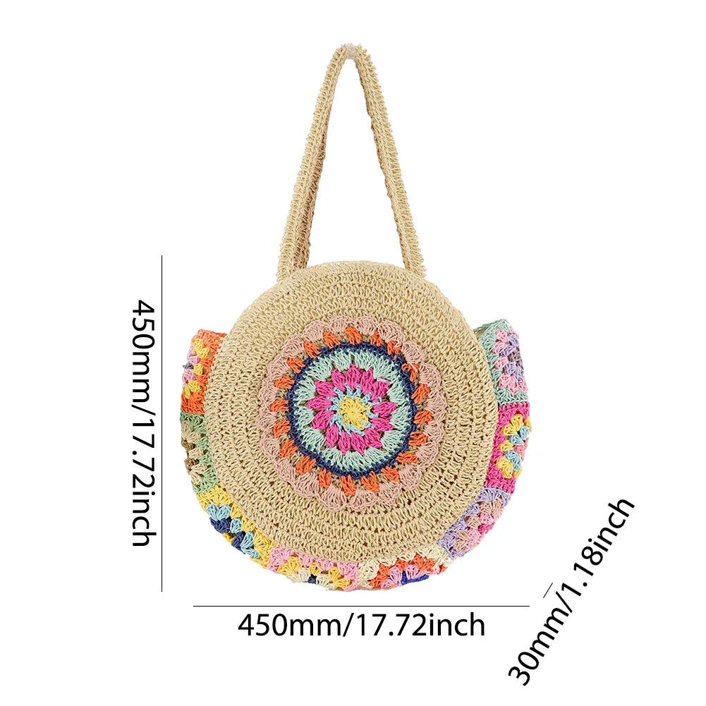 Women's Round Straw Woven Tote Bag – Large Capacity Ethnic Style Vacation Shoulder Handbag