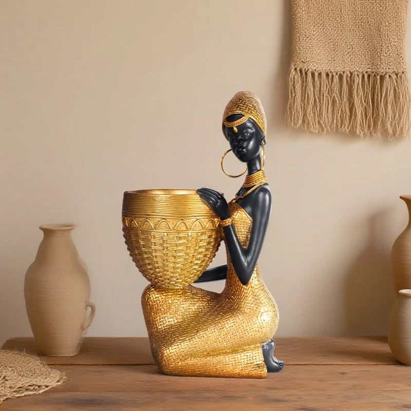 African Girl Holding a Plate Sculpture | Vintage Resin Storage Ornament for Home & Office Decor