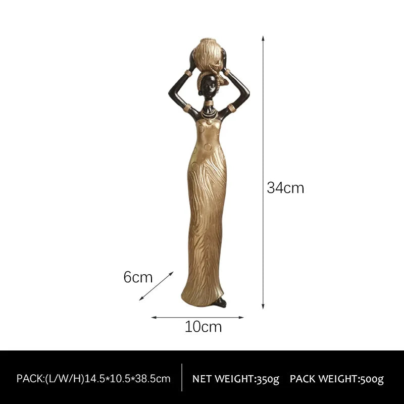 African Woman Resin Statue | Tribal Lady Figurine in Black & Gold for Living Room & Home Decor