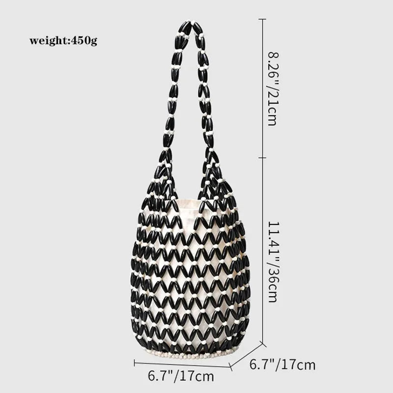 Hollow-Out Wooden Bead Woven Bucket Tote Bag – Summer Beach Shoulder Handbag for Women