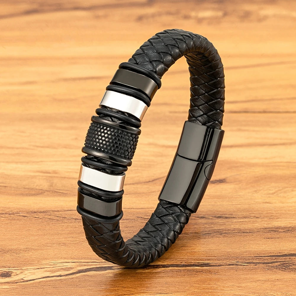 FBA Men's Stainless Steel Beaded Leather Rope Bracelet | Charm Jewelry Gift