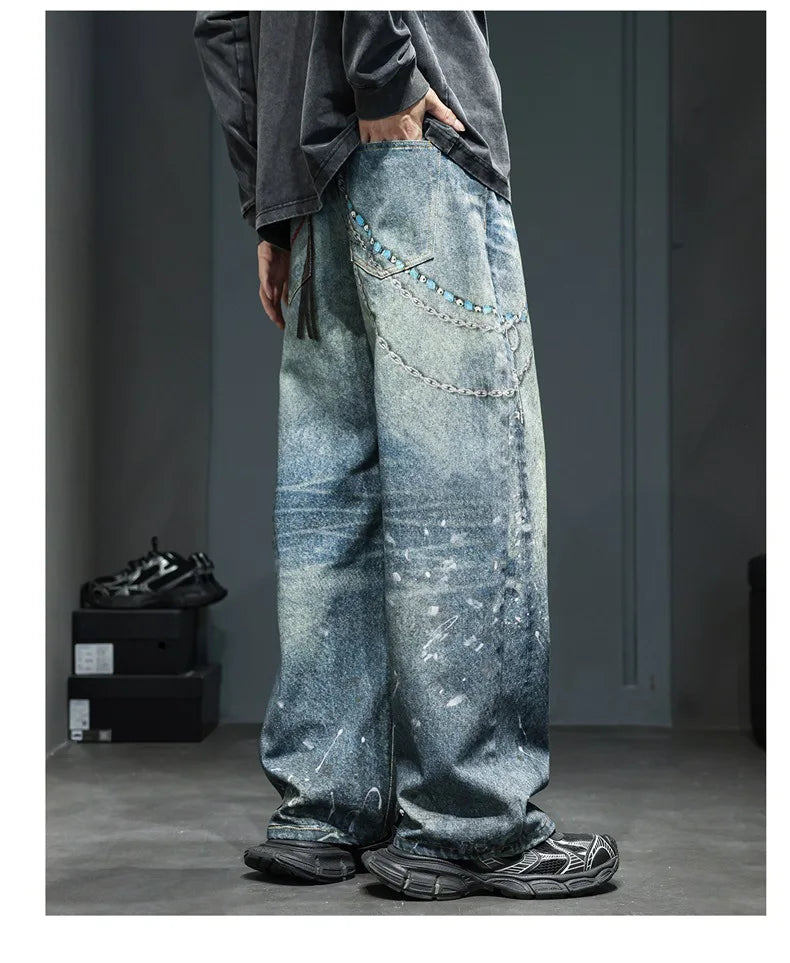 Men's American Retro Washed Distressed High Waist Straight Leg Loose Jeans – Chain Print Streetwear Denim | S–XXL | FBA Vibes