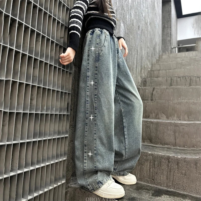 Girls' American Retro Star Graphic Straight Leg Jeans – Kids Hip Hop Streetwear Denim Pants | Blue | Ages 5–14 | FBA Vibes