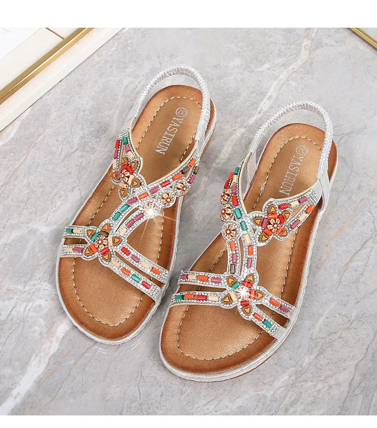 FBA Women's Rhinestone Bohemian Hollow Flat Sandals | Summer Casual Shoes
