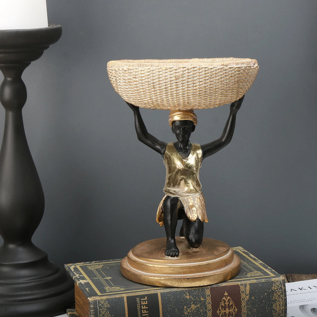 African Man Statue Tray | Tribal Resin Storage Basket & Home Organizer Decor