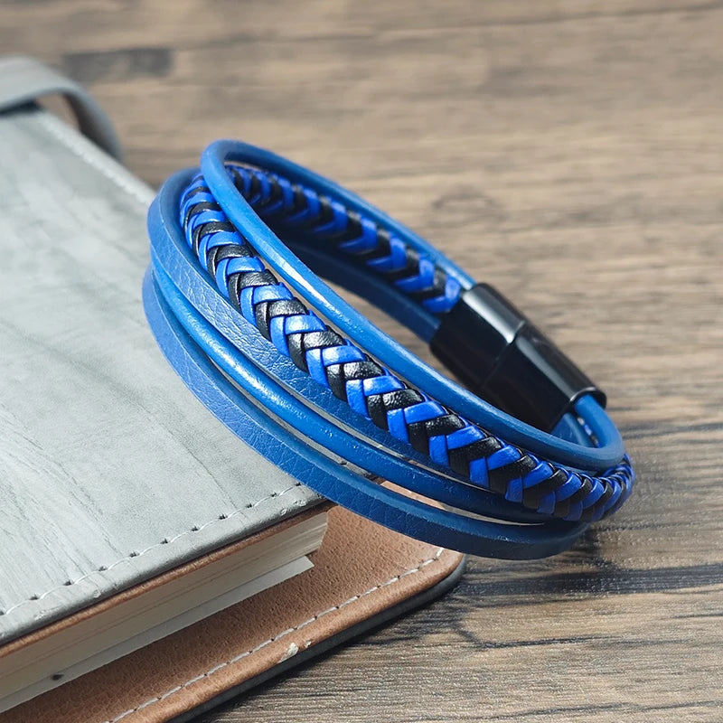 FBA Men's Multilayer Blue Leather Stainless Steel Bracelet | Luxury Jewelry